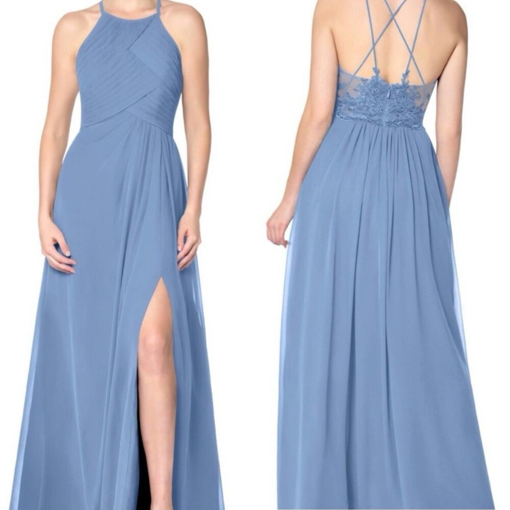 Azazie adriana dusty blue Sz 14 halter pleated Maxi Dress Prom Party Bridesmaid
